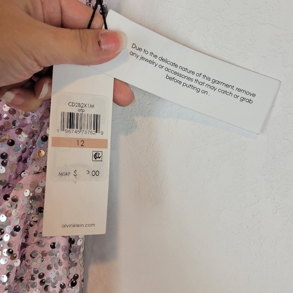 NWT Calvin Klein Sequined V-Neck Cap Sleeve Dress Cherry Blossom Silver - Picture 8 of 12